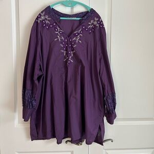 Ulla Popken purple tunic lightweight embroidered lace size 2X